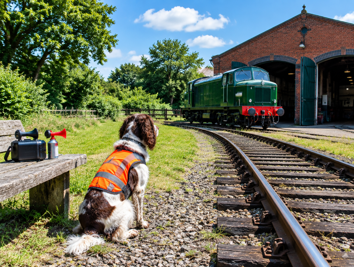 A spaniel in an orange vest sits by rails near a brick engine shed, with a locomotive and two horns on a bench.