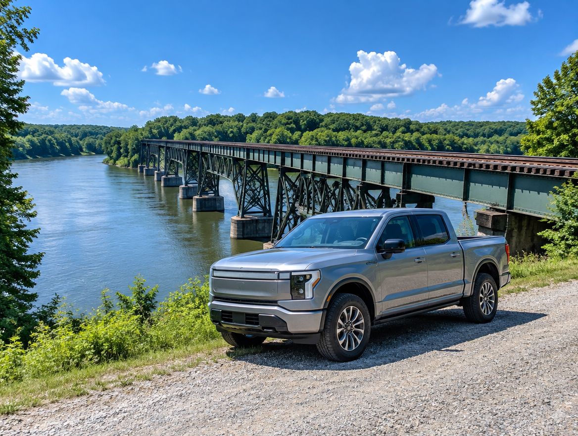 A silver electric pickup truck parked by a steel railway trestle bridge over a river on a sunny summer day.