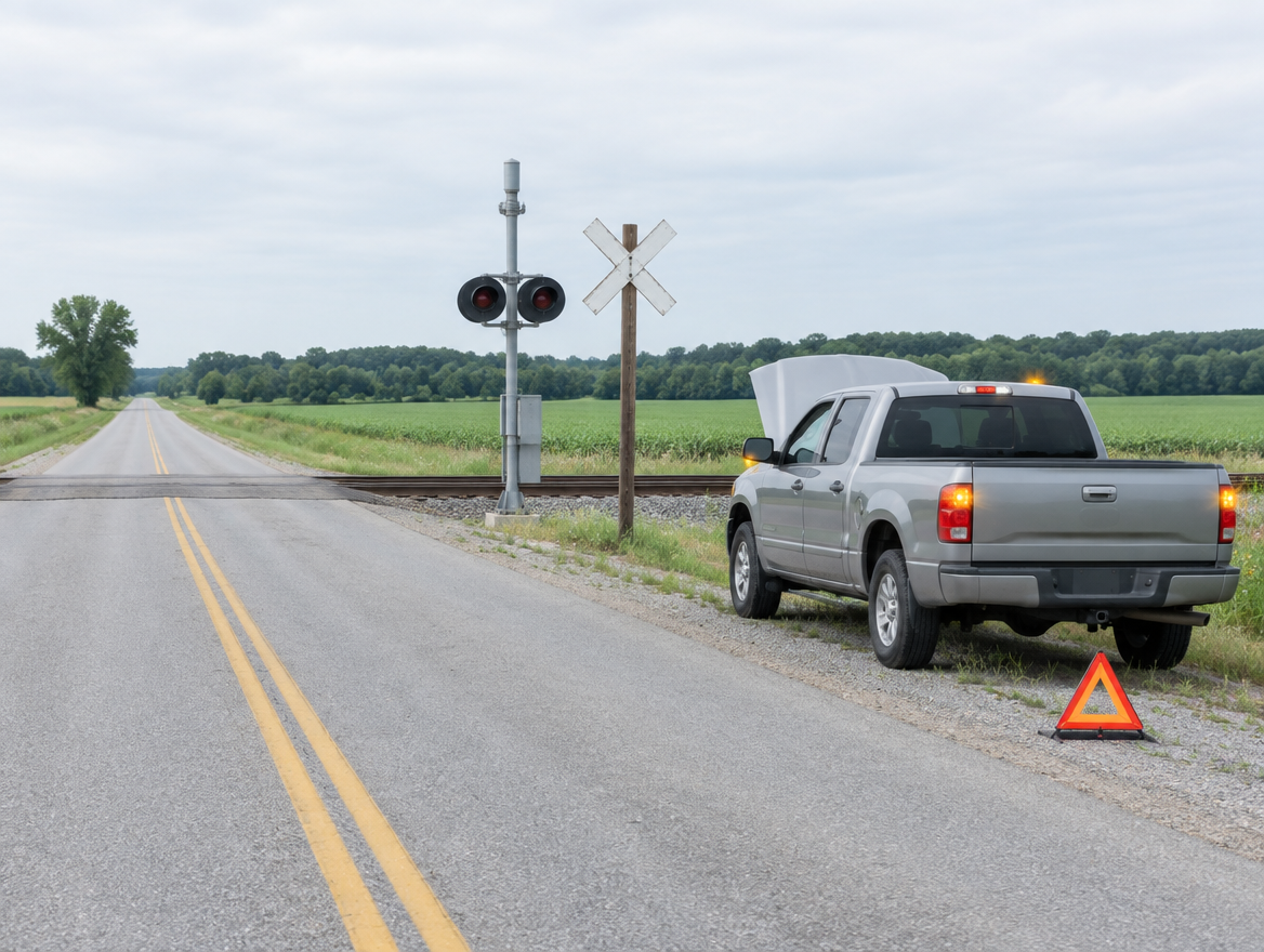 Pickup truck with its hood up on a country road shoulder near a rural railroad crossing on an overcast day.
