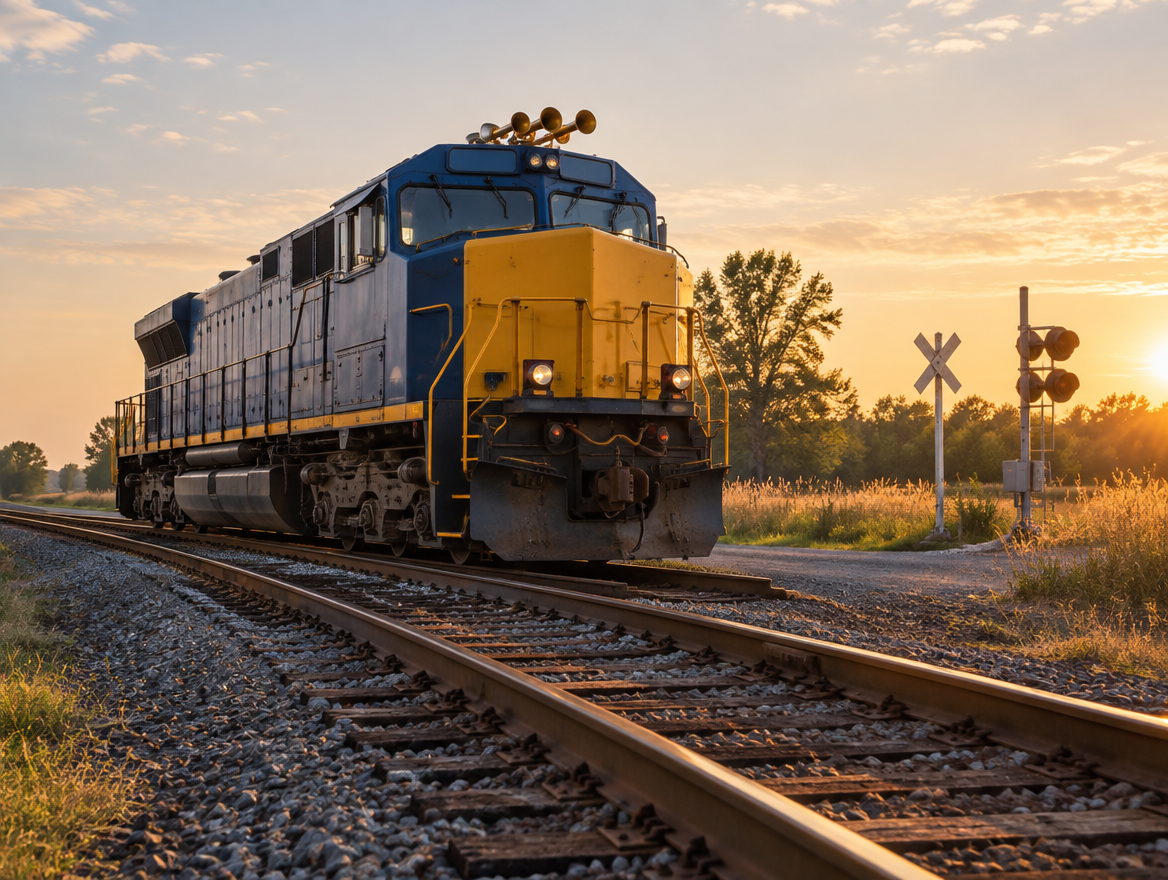 A diesel locomotive on a rural track at golden hour, its multi-bell air horn lit by the low sun beside a crossing.