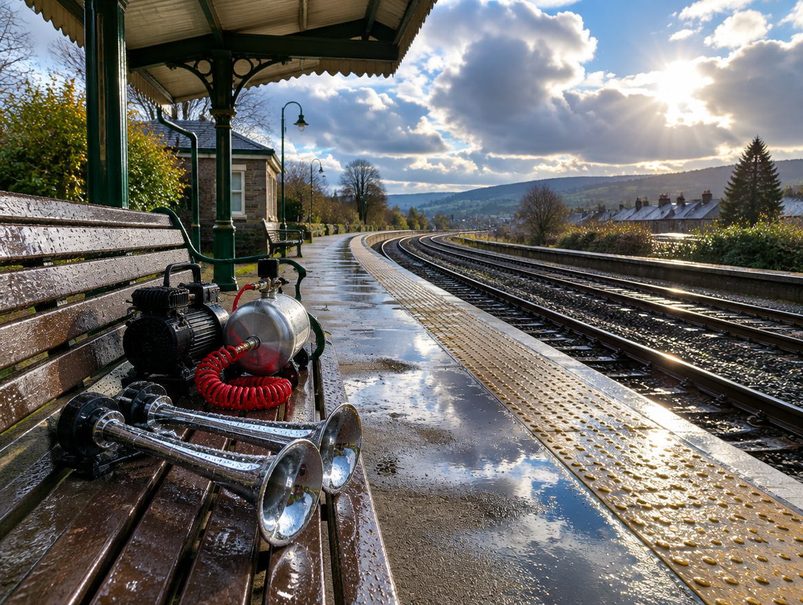 Chrome air horn, compressor and air tank on a wet station bench after rain, with rails curving past the platform
