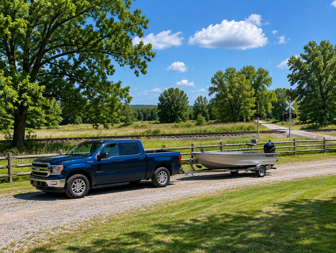 A pickup truck with a boat trailer parked on a rural property beside a rail line and crossbuck on a sunny summer day.