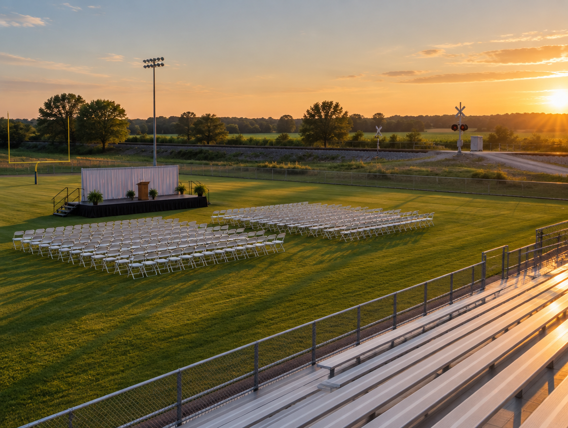 Empty folding chairs on a school football field at golden hour, with a railway line and crossbuck beyond the fence.
