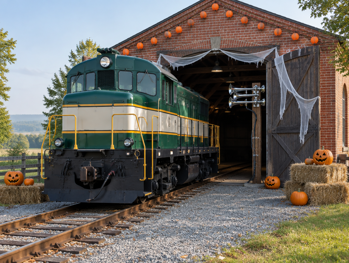 Brick engine shed decorated for Halloween, with a locomotive on the track outside and a train horn mounted by the door.