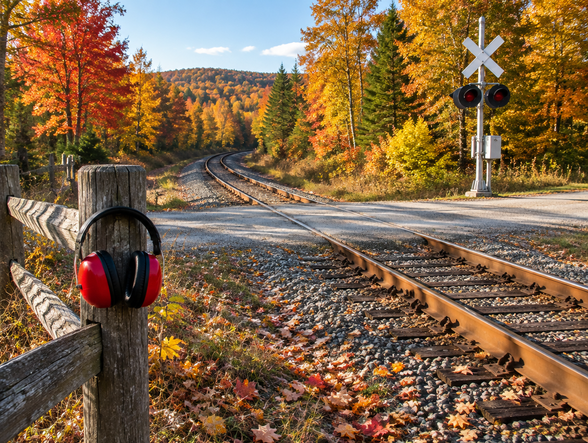 Red hearing protection earmuffs hang on a fence post near a rural railroad crossing surrounded by autumn trees.