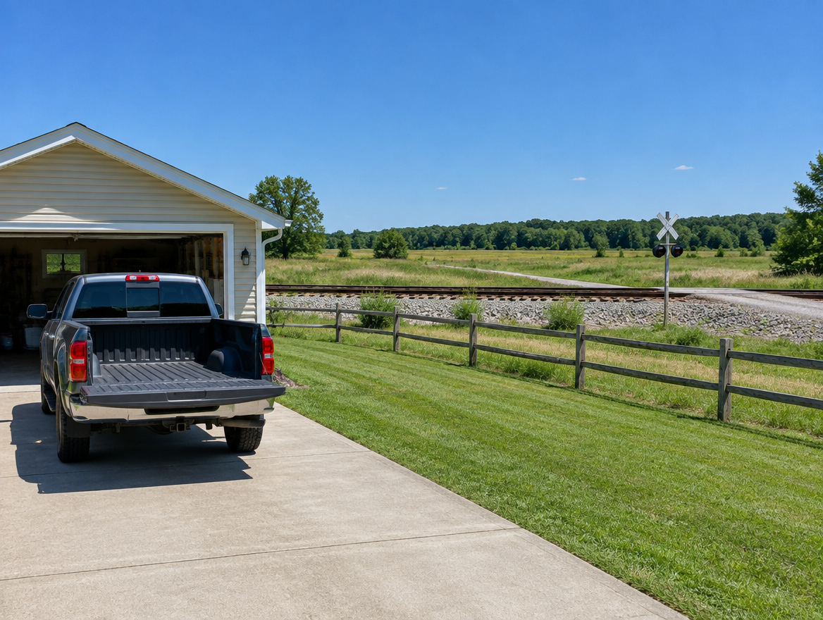 A tidy garage and pickup truck on a sunny residential lot, with a fenced rail line and crossbuck just beyond the yard.