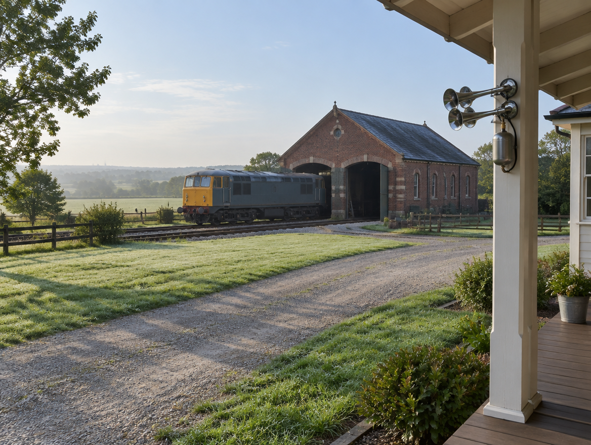 Rural farmhouse porch with a chrome air horn beside an old brick engine shed and a locomotive in soft morning light