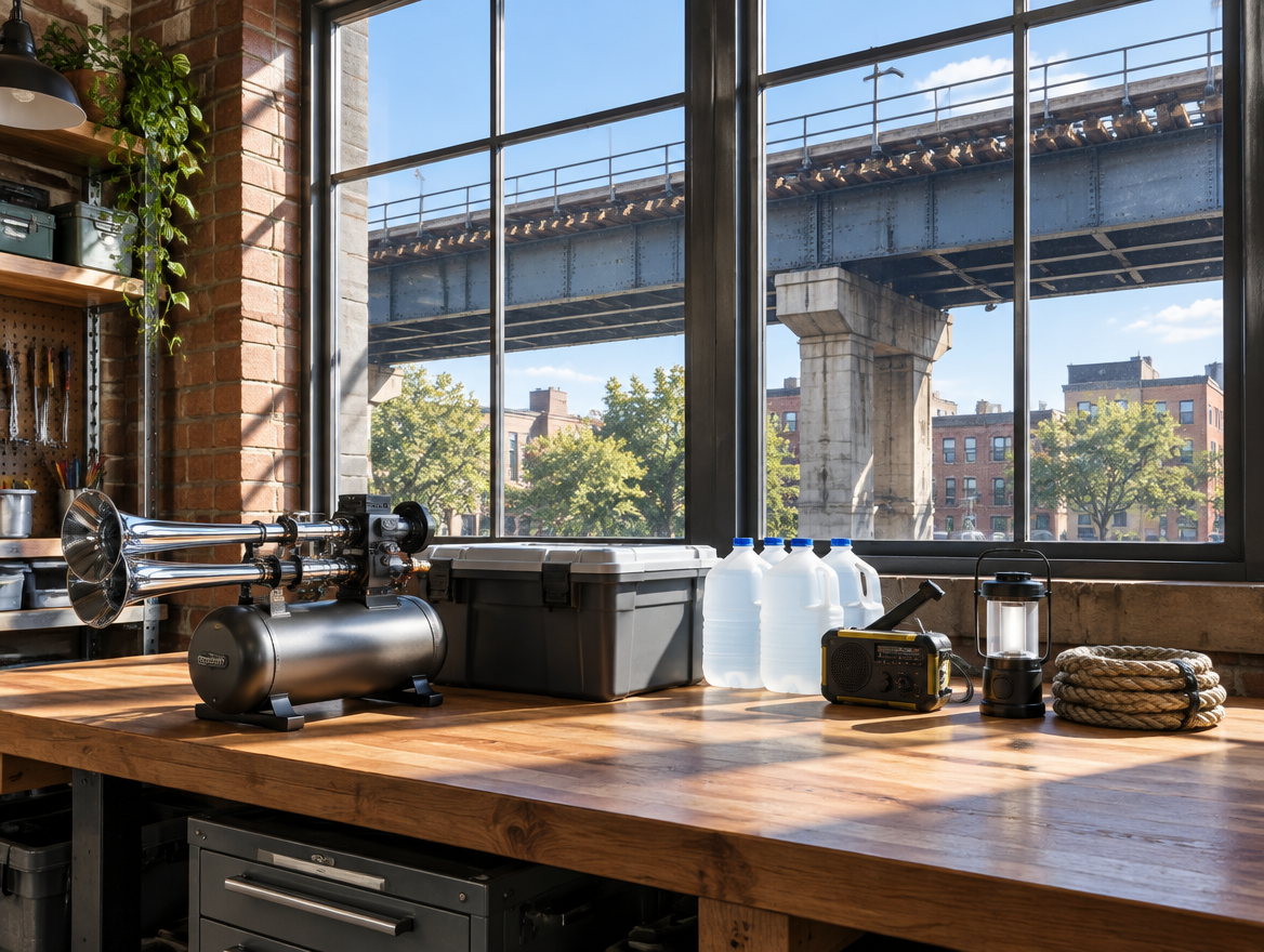 Sunlit workshop bench with a train horn and emergency supplies, an elevated rail viaduct visible through big windows.