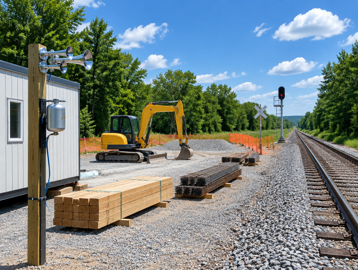 Clean construction site beside a rail line on a sunny summer day, with a chrome air horn mounted on a post near the trailer.