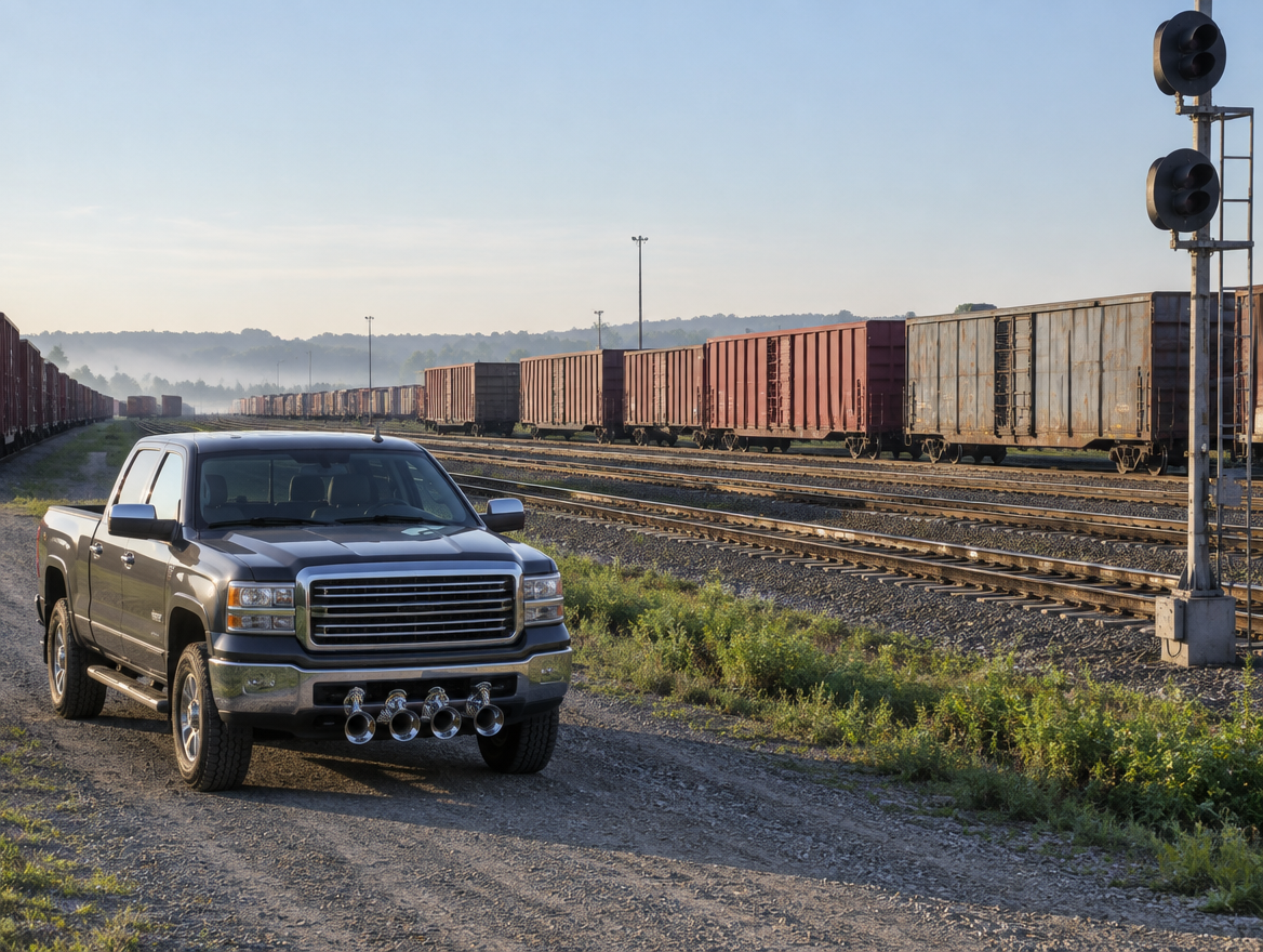 A pickup truck with chrome train horns under its bumper, parked beside a freight yard full of boxcars at morning