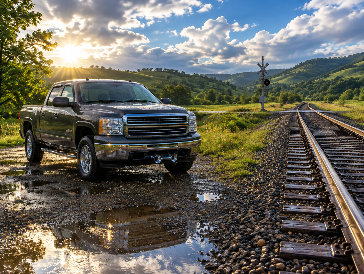 A clean pickup truck with dual air horns parked by a wet single-track railway curving through green hills after rain.