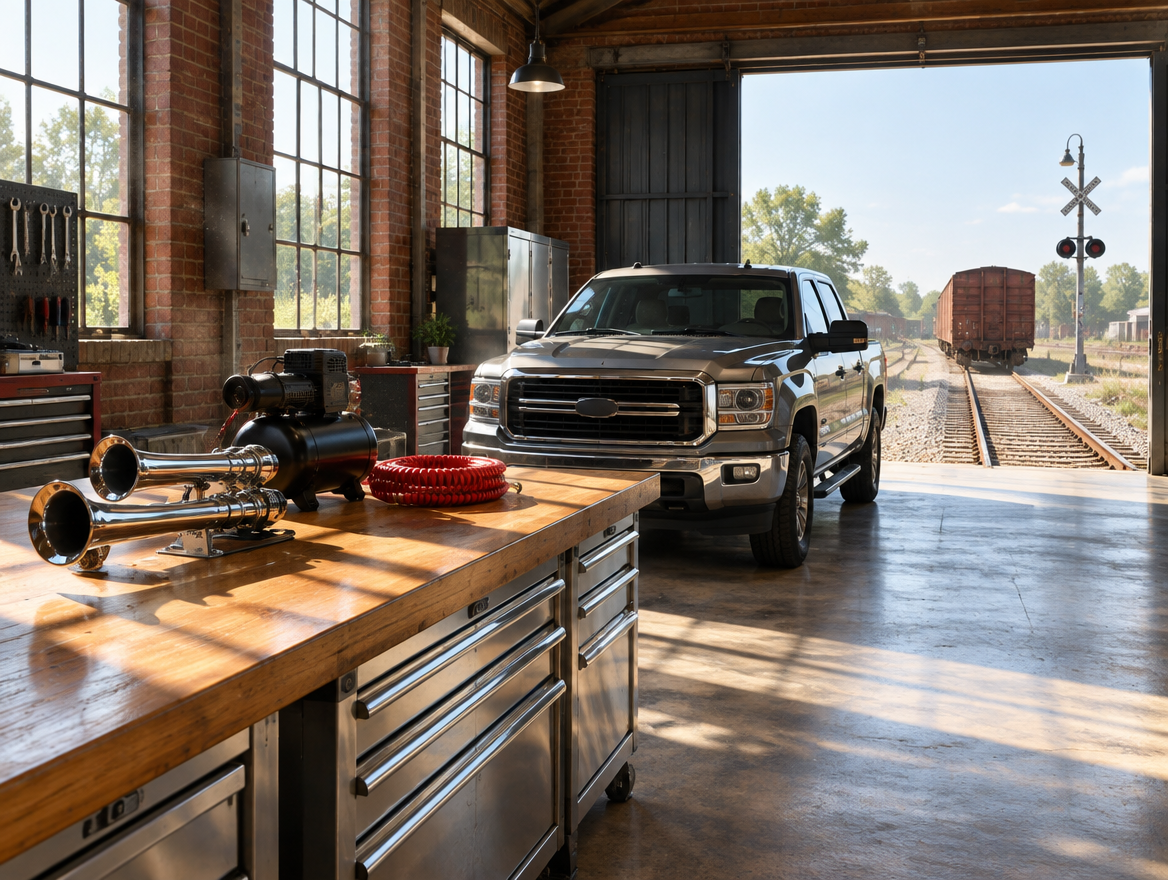 Sunlit railway-shed workshop with a chrome train horn on a wooden bench and rails leading out to a boxcar in the yard.