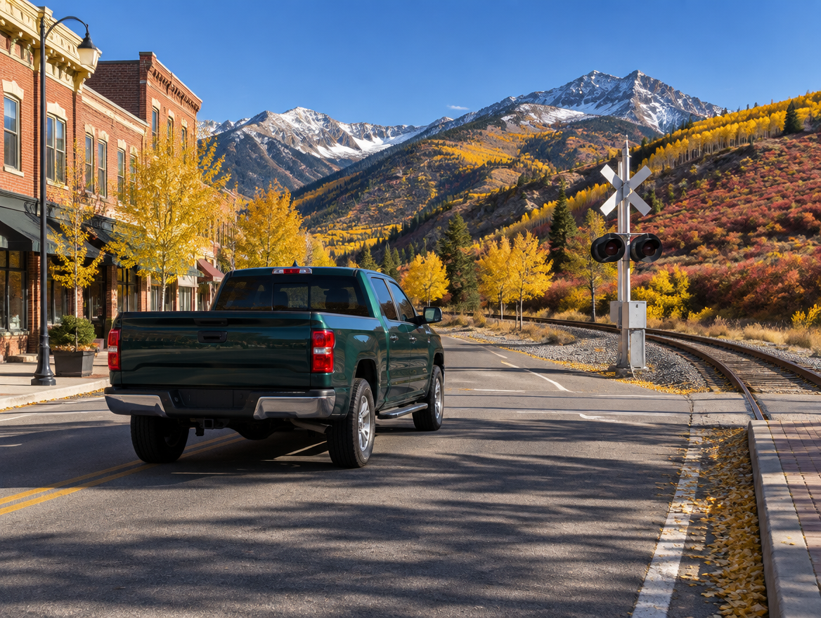 A pickup truck stopped at a railroad crossing on a Colorado mountain-town street lined with golden aspens in autumn.