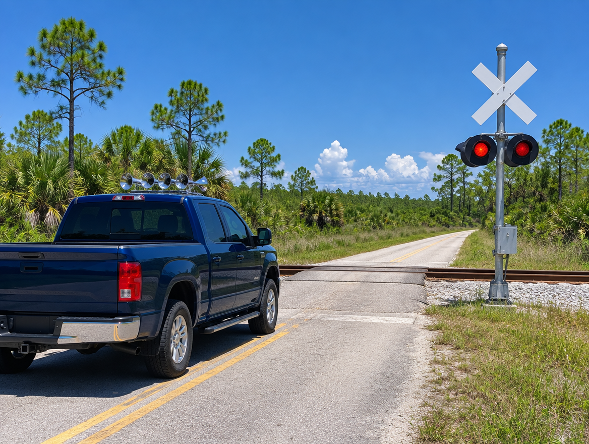 A pickup truck with chrome roof-mounted air horns waits at a rural Florida rail crossing under a bright blue sky.