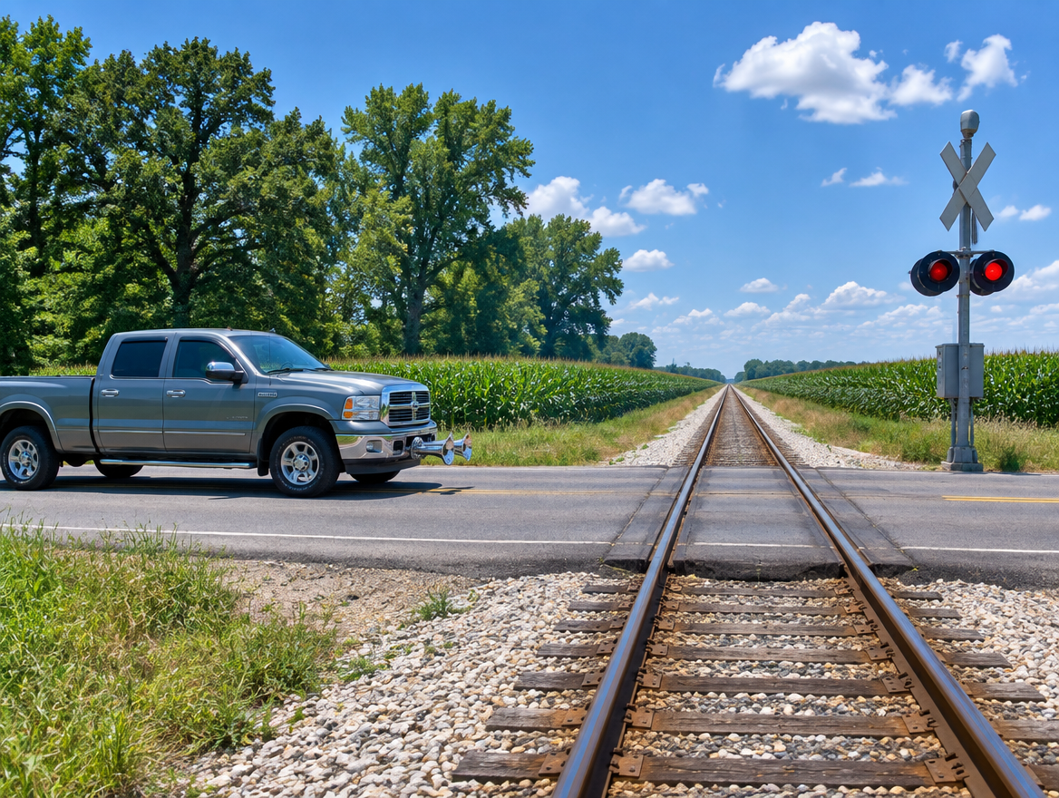 A clean pickup with a chrome air horn waits at a rural Illinois rail crossing between green cornfields on a sunny day.