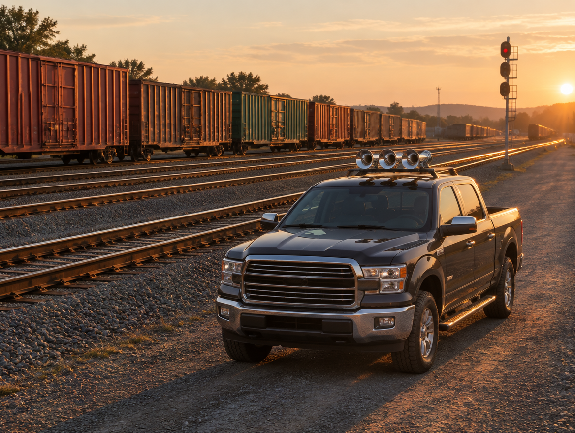A pickup truck with chrome train horns on its roof parked beside the tracks of a freight yard at golden hour.