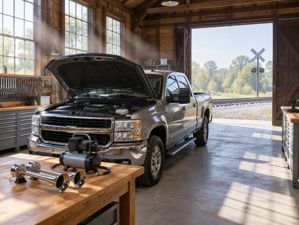 Sunlit workshop in a railroad shed with a pickup, chrome air horns on a workbench, and track visible through the open door