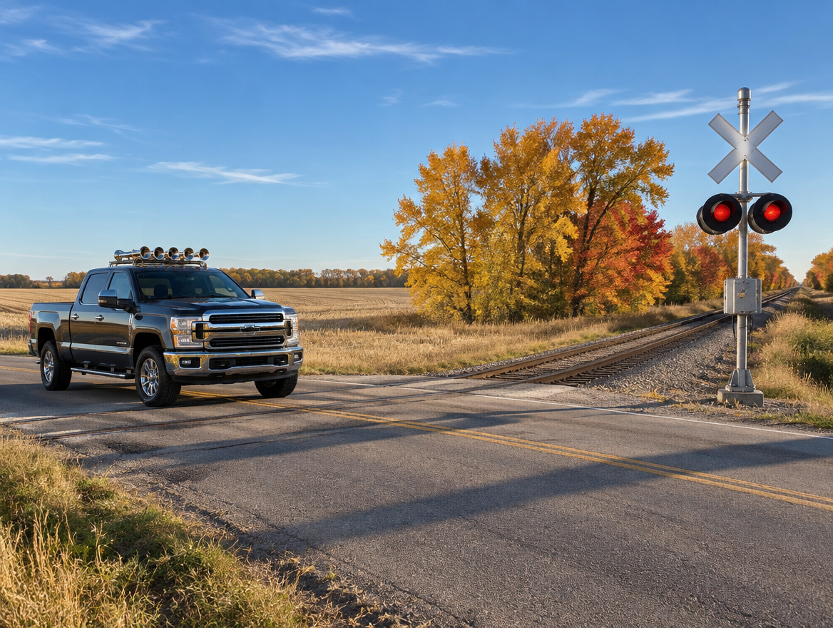 Pickup truck with roof-mounted chrome air horns stopped before a rural rail crossing under golden autumn trees