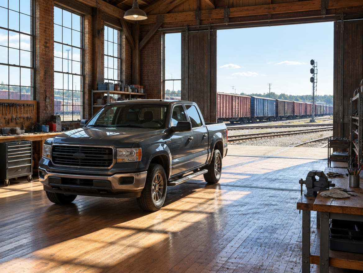 A pickup truck parked in a sunlit rail yard workshop with boxcars on parallel tracks visible through the open door.