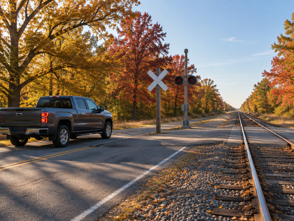 A gray pickup truck stopped at a rural railroad crossing with a crossbuck, surrounded by gold and red autumn trees.