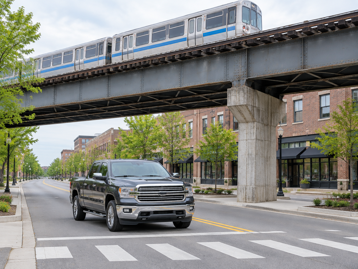 A dark pickup truck stopped on a city street beneath an elevated railway viaduct on a bright overcast day.