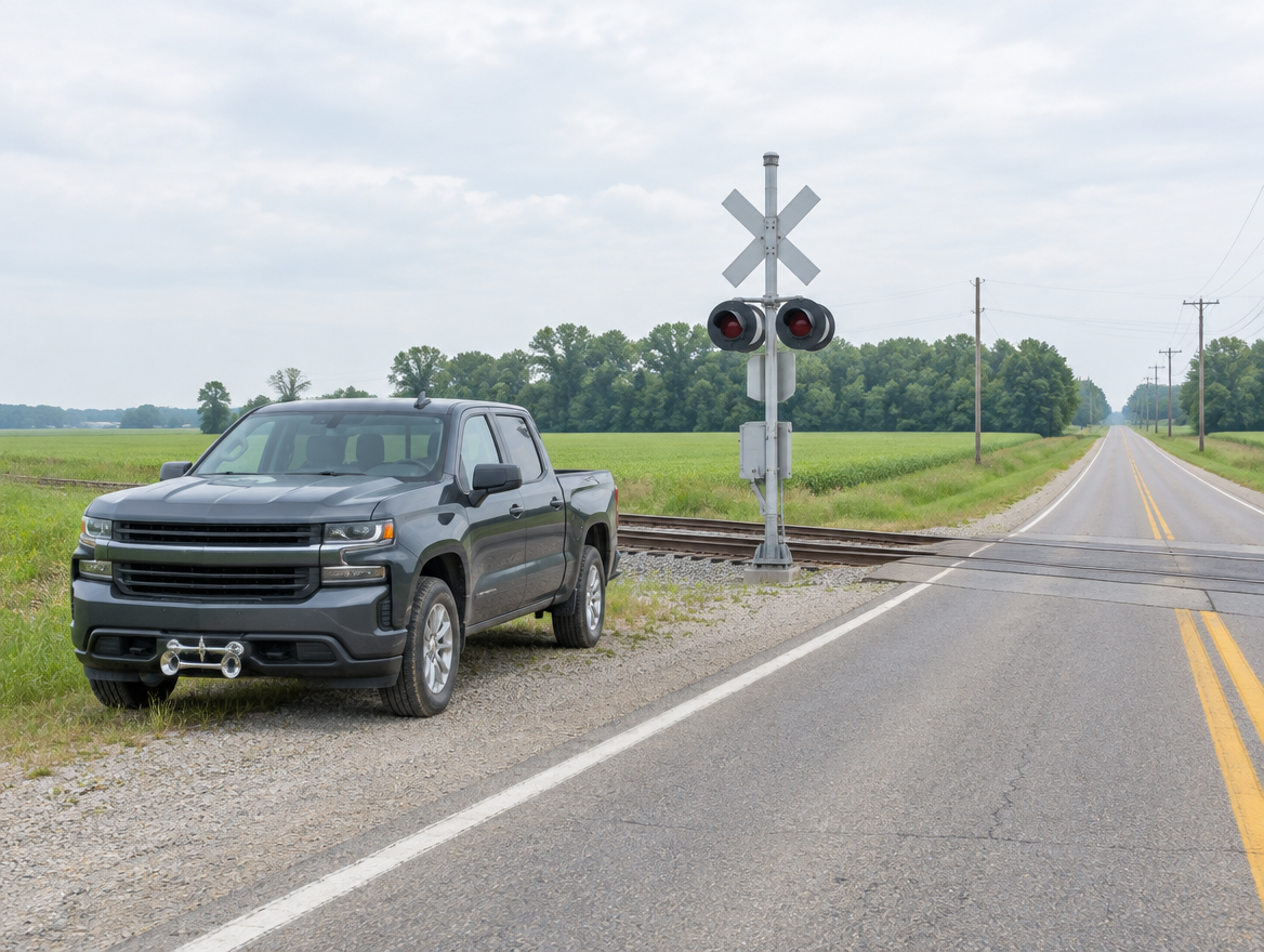 A pickup truck with a chrome air horn under its bumper parked by a rural railroad crossing with a crossbuck on a bright overcast day.