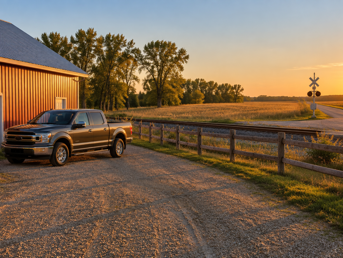 A pickup truck beside a red pole barn on a rural property, with a rail line and crossbuck in golden evening light.