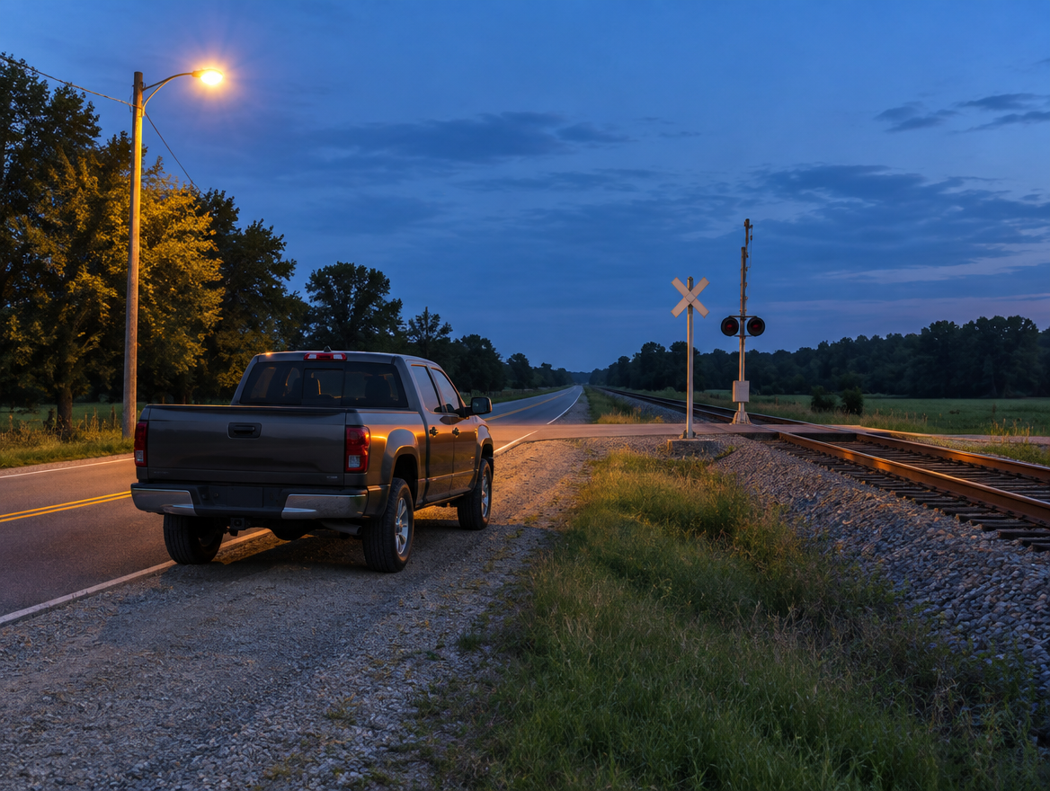 A pickup truck parked near a rural railroad crossing with a crossbuck and signal mast at dusk under a lamp.