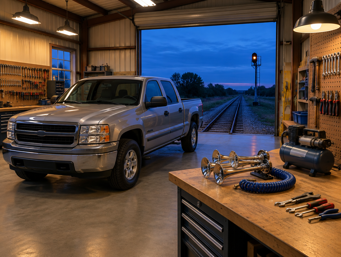 A pickup and chrome train horns inside a railway workshop at dusk, its roller door open onto the track and a signal.