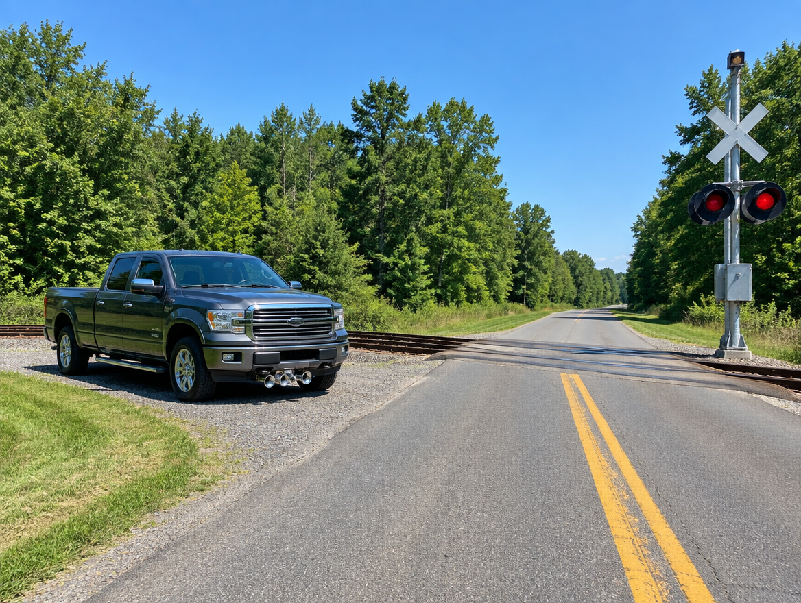 A grey pickup truck with chrome air horns parked near a railroad crossing on a sunny rural road.