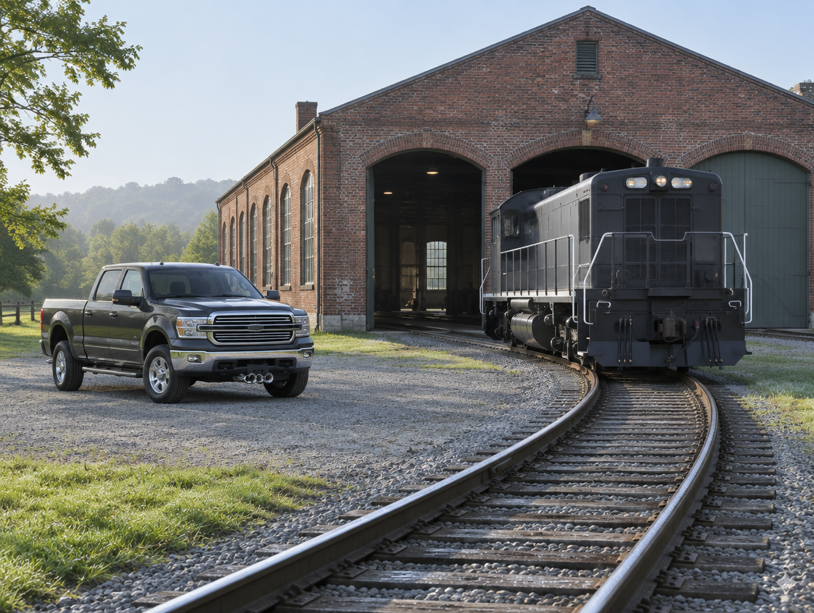 A pickup truck with a chrome air horn parked beside an old brick engine shed, with a locomotive standing on the track outside