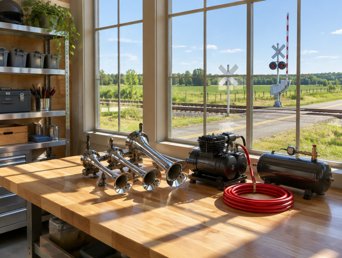 Chrome air horn kit on a sunlit workbench, with a rural railroad crossing and signal mast visible through the window