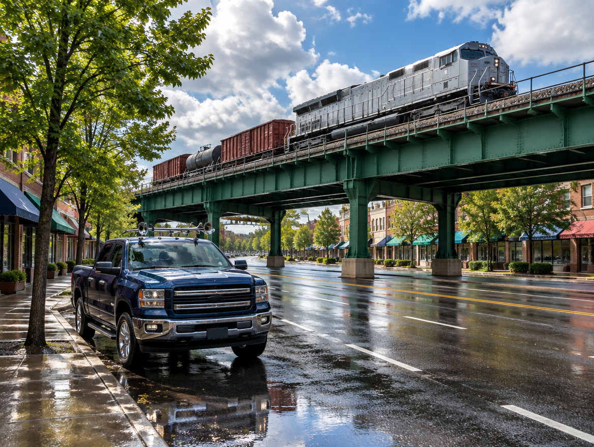 A locomotive crosses a wet elevated city viaduct above a clean pickup truck parked on a rain-slicked street in sunlight.