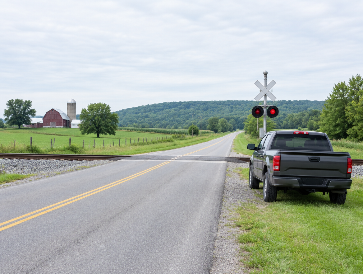 A pickup truck parked near a rural railroad crossing with a crossbuck and signal mast under a bright overcast sky.