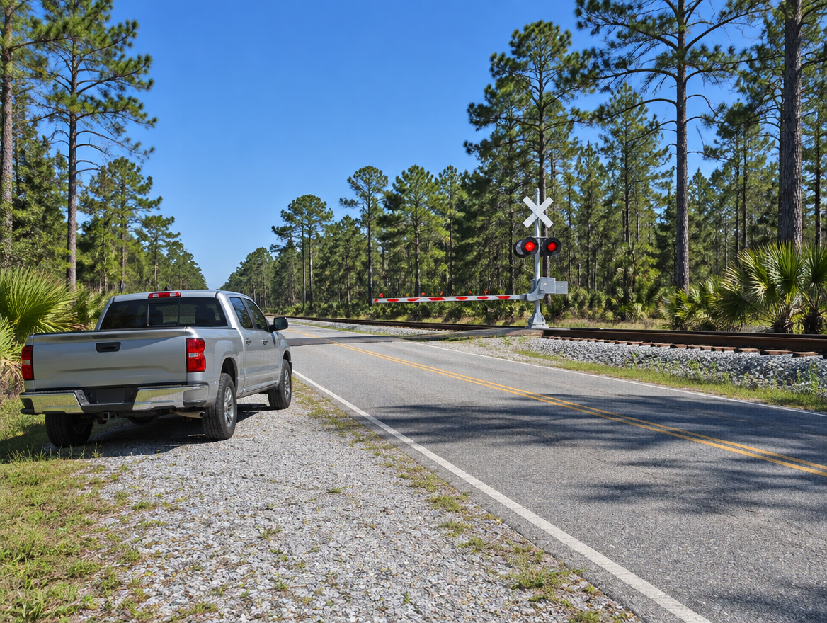 A clean pickup truck parked on a sunny rural road near a railroad crossing with a crossbuck, signal mast and pine trees.