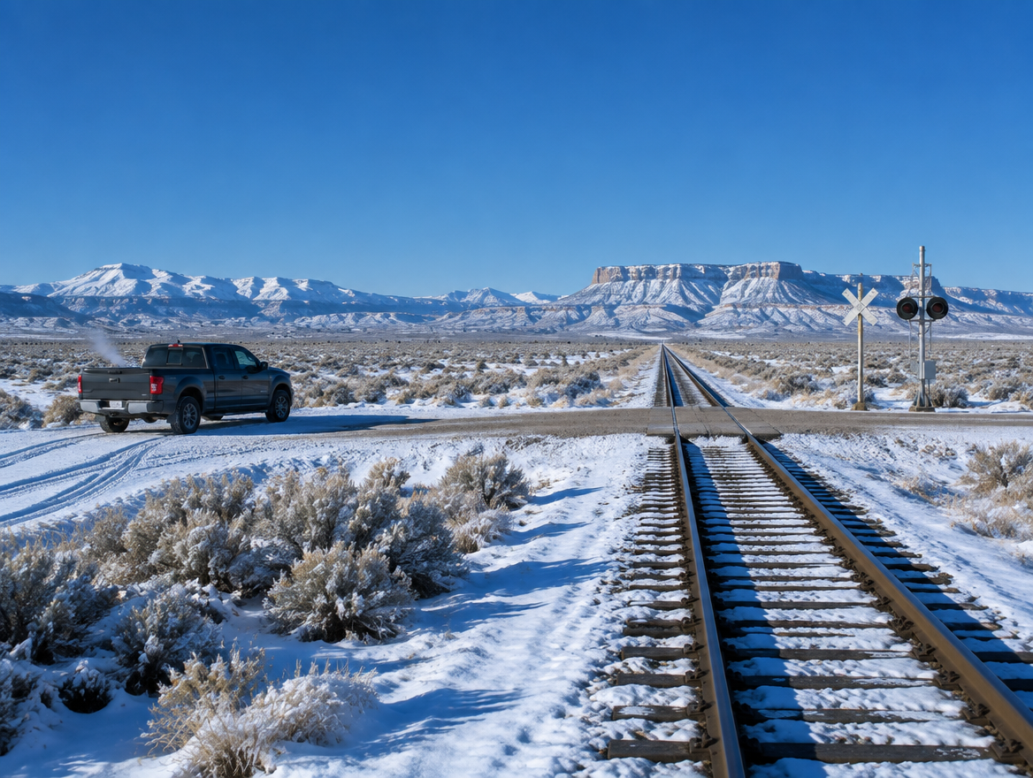 A pickup truck parked by a railroad crossing on a snowy desert road under a clear blue winter sky