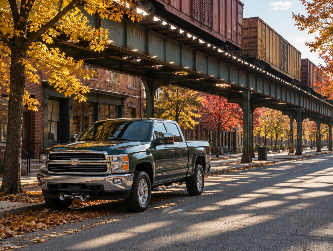 A pickup truck parked under an elevated rail viaduct on a sunny autumn day as a freight train passes overhead