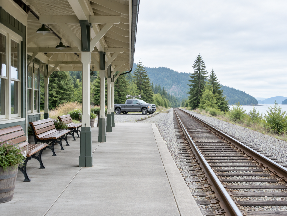 A small-town station platform with a canopy and benches beside the tracks, and a pickup with roof-mounted air horns nearby.