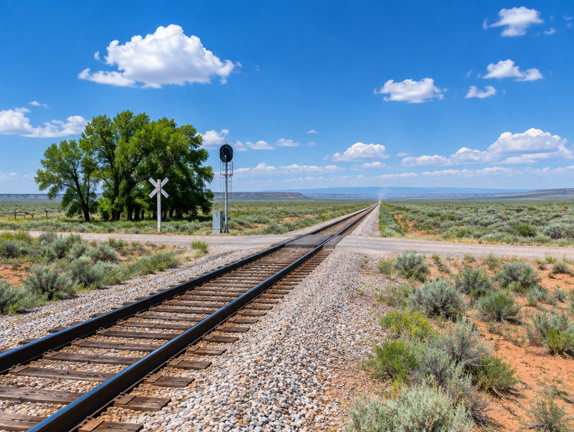 A single rail line with a crossbuck and signal mast crosses open desert scrub under a blue summer sky with white clouds.