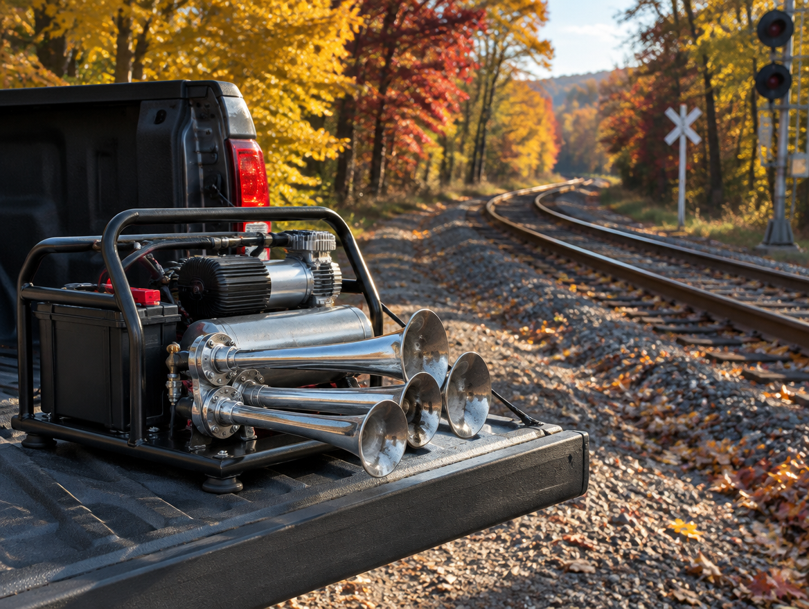 A portable train horn kit on a pickup tailgate beside autumn railroad tracks, with a crossbuck and a signal mast nearby.