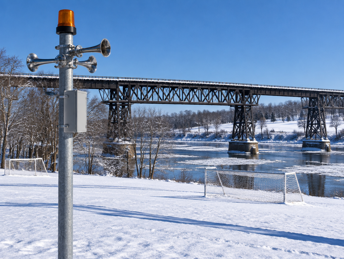 A warning horn on a pole beside a snowy sports field, with a steel railway trestle bridge over a river behind it