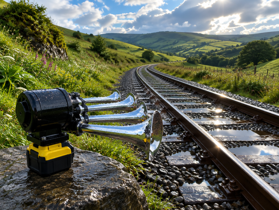 A chrome train horn with a yellow battery pack sits beside a wet, curving single-track railway in green hills after rain.