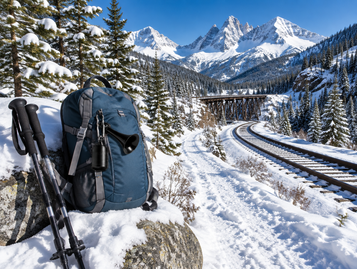 Snowy mountain trail beside a railway line, with a daypack and compact battery train horn resting on a boulder