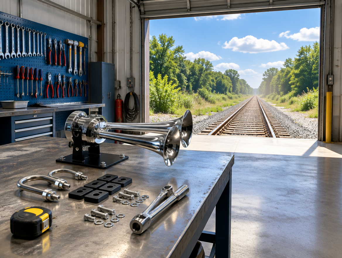A chrome train horn on a steel bracket sits on a workshop bench, with the roller door open onto sunny railway track.