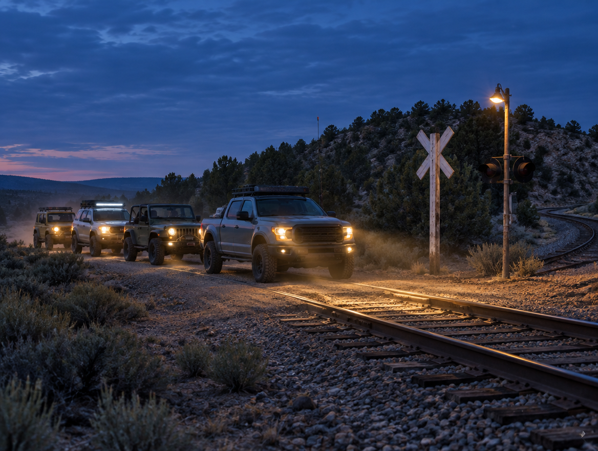A convoy of off-road vehicles with headlights on waits at a rural railroad crossing on a dirt trail at dusk.