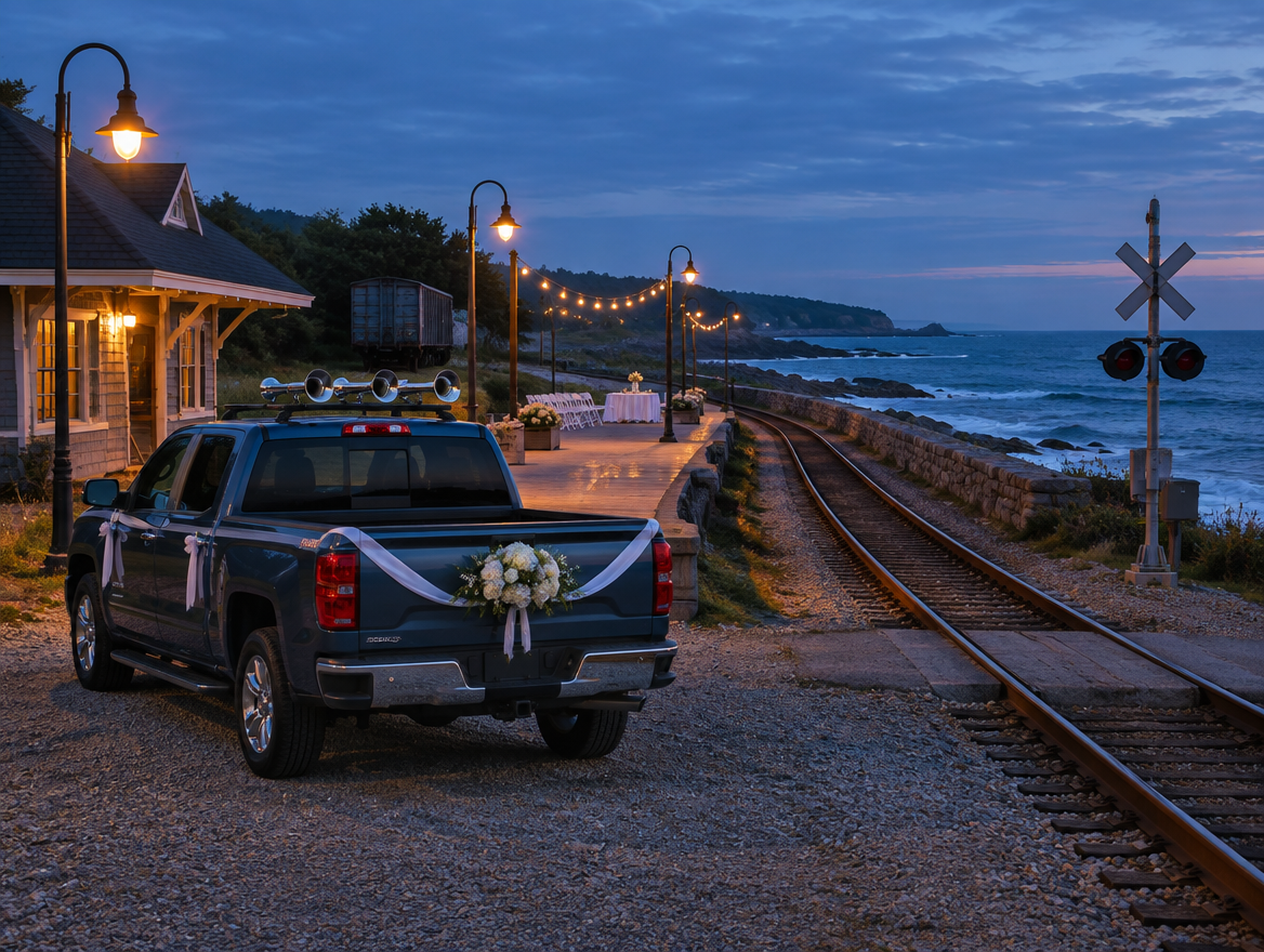 Ribbon-decorated pickup with a chrome train horn on its roof, parked by a seaside railway platform at dusk