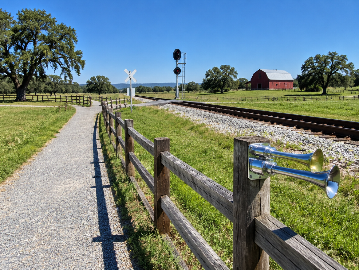 Rural gravel path beside a fence and railway line, with a chrome air horn mounted on a post under a blue sky.