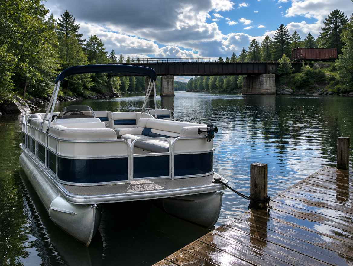A pontoon boat at a wet dock after rain, with a steel railway bridge crossing the lake cove behind it.