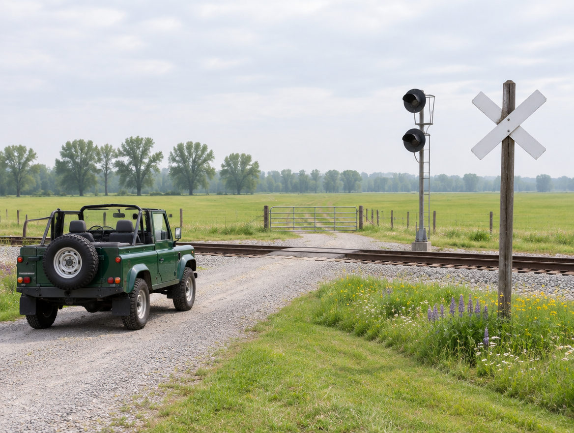 An open-top 4x4 parked on a gravel ranch lane at a rural railway crossing with a crossbuck and signal mast.