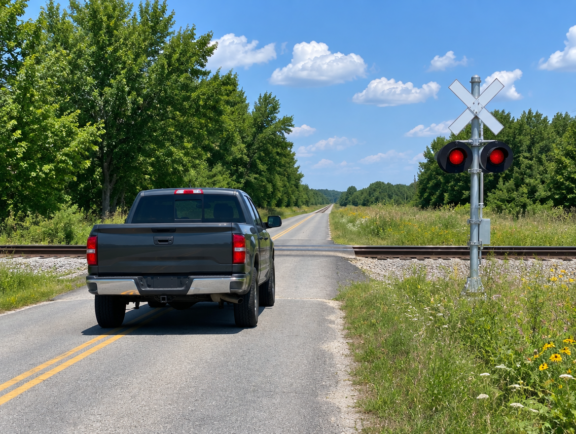 A pickup truck waits at a rural railroad crossing with a crossbuck and signal mast on a sunny summer afternoon.